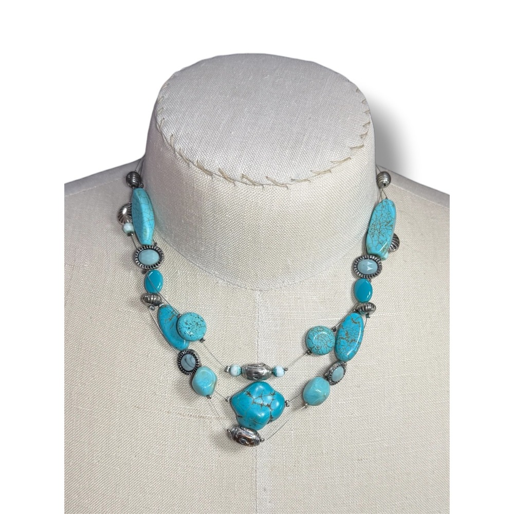 Chicos Turquoise Blue Double Strand Floating Bead Statement Necklace Silver Tone